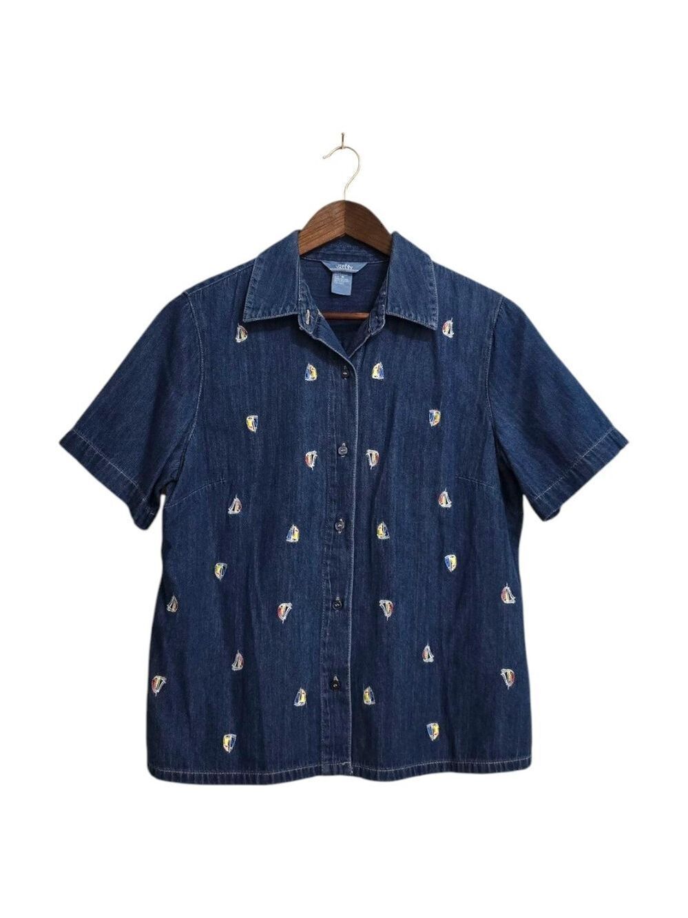 Napa Valley Embroidered Nautical Short Sleeve Denim Casual Button Down Sz M